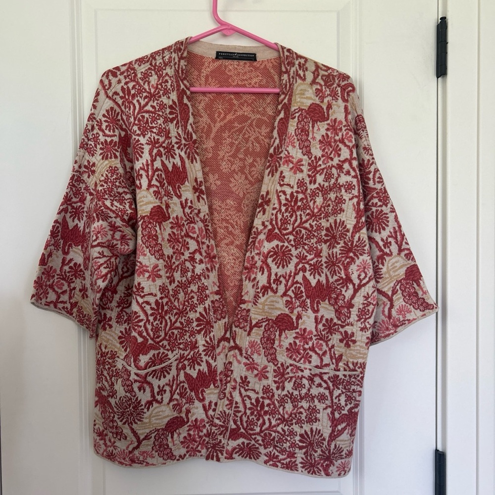 PERUVIAN CONNECTION size L Pima Cotton Chinoiserie Toile Open Cardigan Sweater